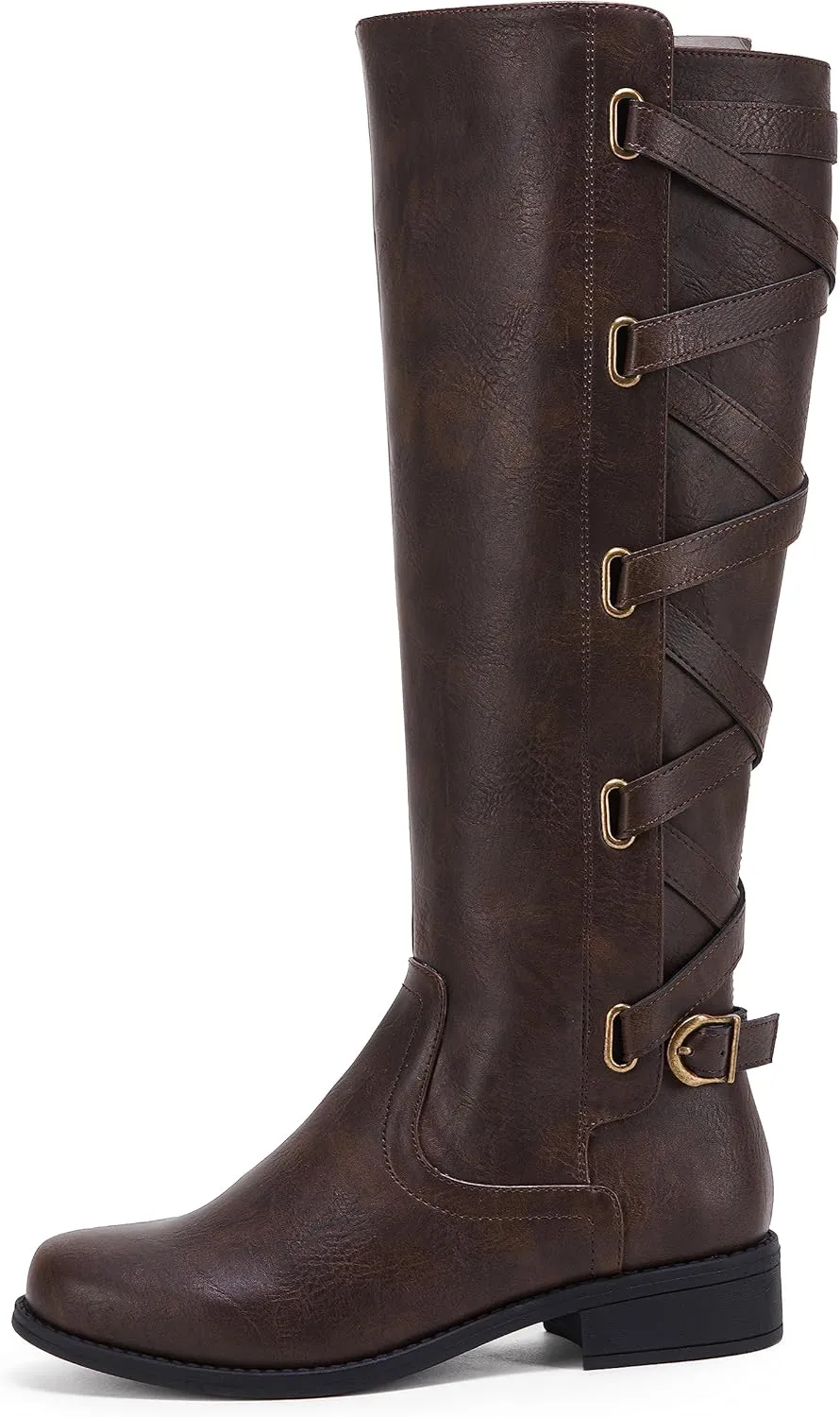 Syktkmx Womens Strappy Motorcycle Knee High Boots Winter Lace Up Riding Flat Low Heel Shoes