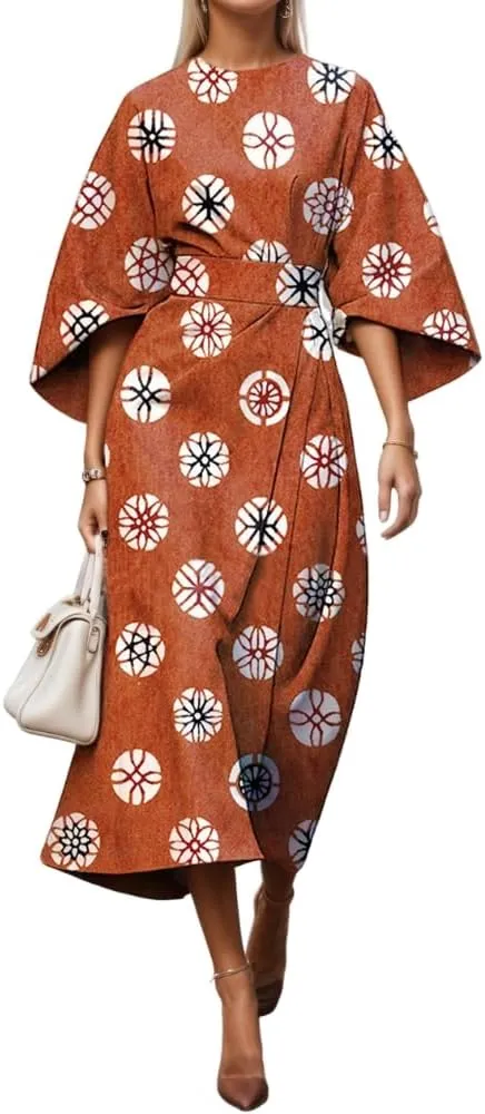 TIAFORD Women's Spring Summer Elegant Floral Print Empire Waist Dress Casual Cute Crew Neck Loose Half Sleeve Maxi Dresses
