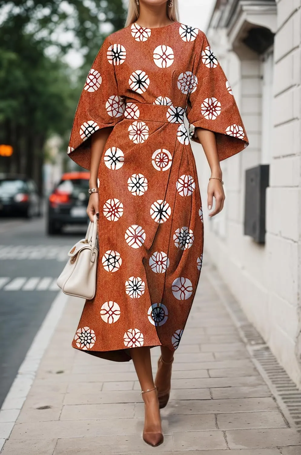 TIAFORD Women's Spring Summer Elegant Floral Print Empire Waist Dress Casual Cute Crew Neck Loose Half Sleeve Maxi Dresses