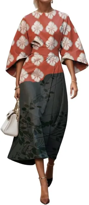 TIAFORD Women's Spring Summer Elegant Floral Print Empire Waist Dress Casual Cute Crew Neck Loose Half Sleeve Maxi Dresses