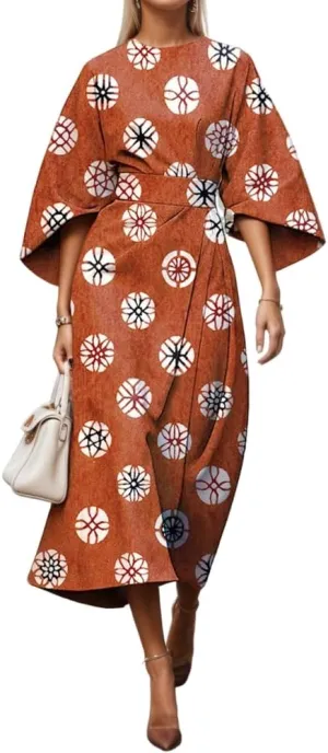 TIAFORD Women's Spring Summer Elegant Floral Print Empire Waist Dress Casual Cute Crew Neck Loose Half Sleeve Maxi Dresses