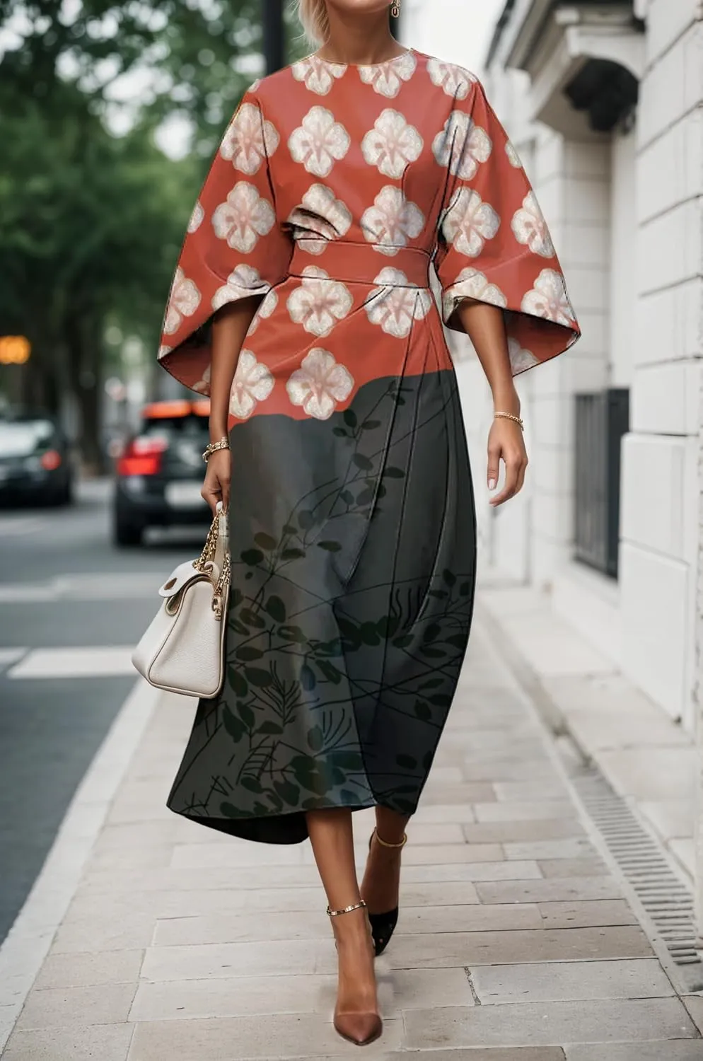 TIAFORD Women's Spring Summer Elegant Floral Print Empire Waist Dress Casual Cute Crew Neck Loose Half Sleeve Maxi Dresses