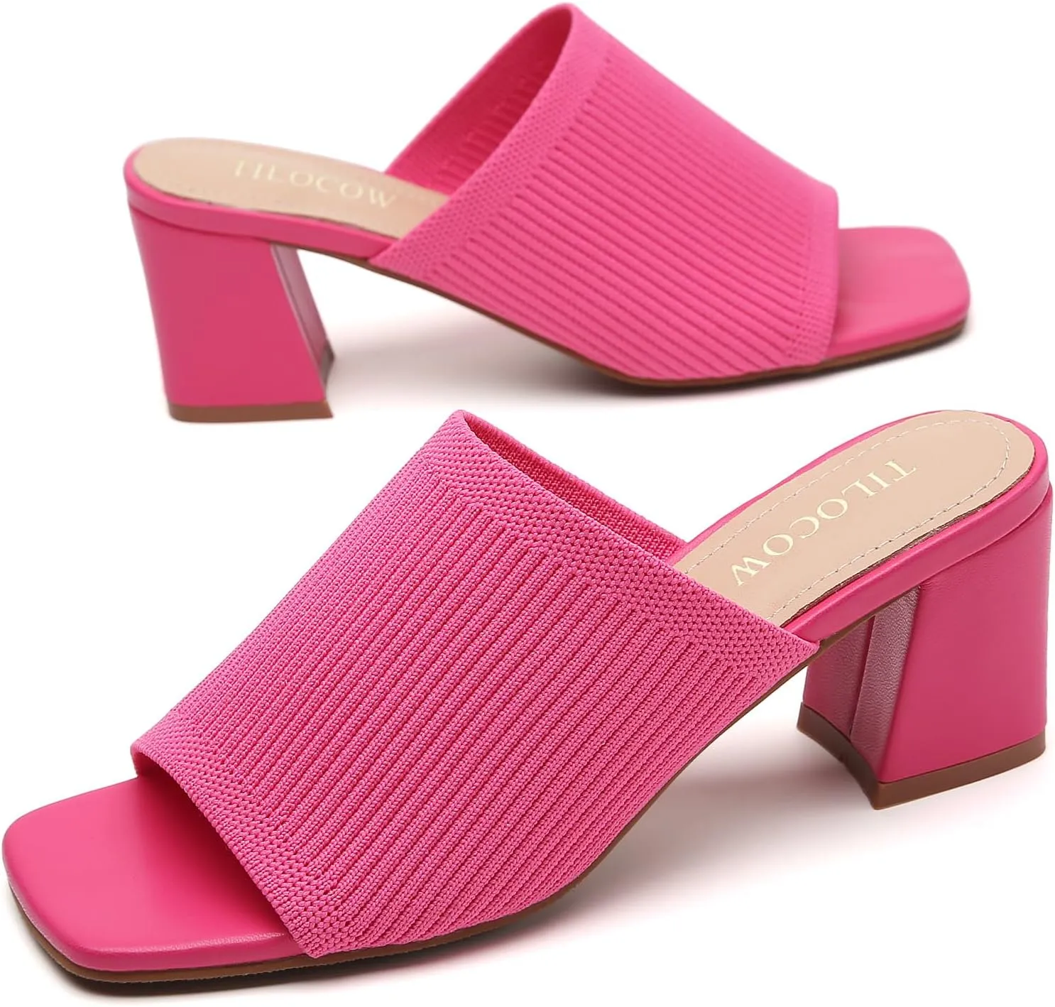 Tilocow Knit Heeled Sandals for Women Square Chunky Low Block Heel Mules Open Toe Slip On Breathable Slides Sandal Black