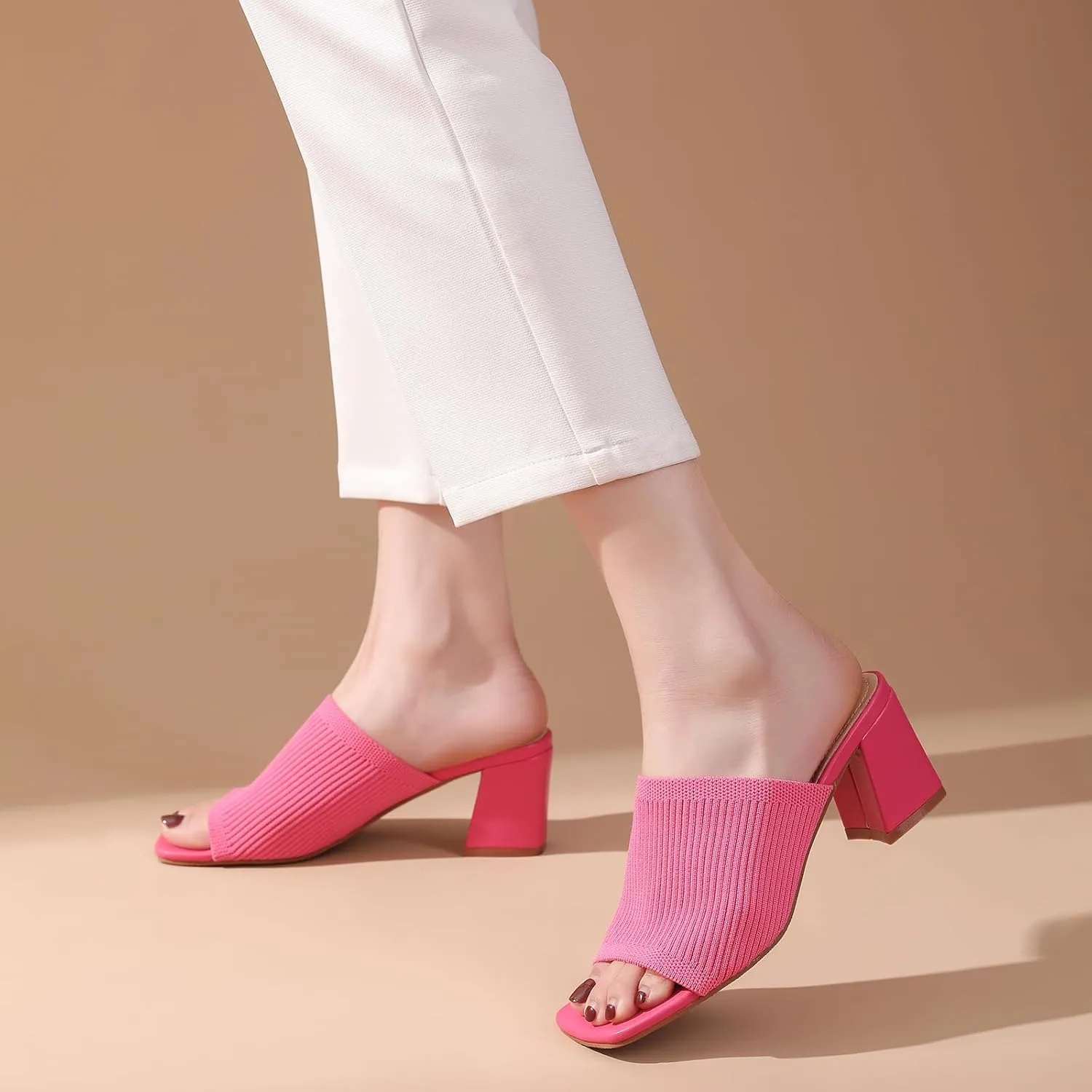 Tilocow Knit Heeled Sandals for Women Square Chunky Low Block Heel Mules Open Toe Slip On Breathable Slides Sandal Black