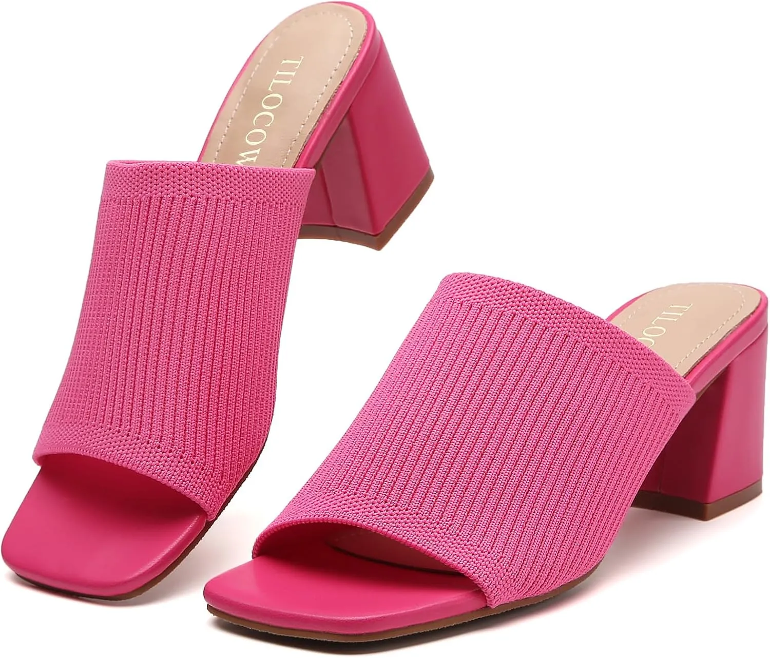 Tilocow Knit Heeled Sandals for Women Square Chunky Low Block Heel Mules Open Toe Slip On Breathable Slides Sandal Black