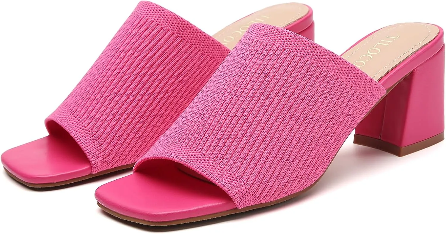 Tilocow Knit Heeled Sandals for Women Square Chunky Low Block Heel Mules Open Toe Slip On Breathable Slides Sandal Black