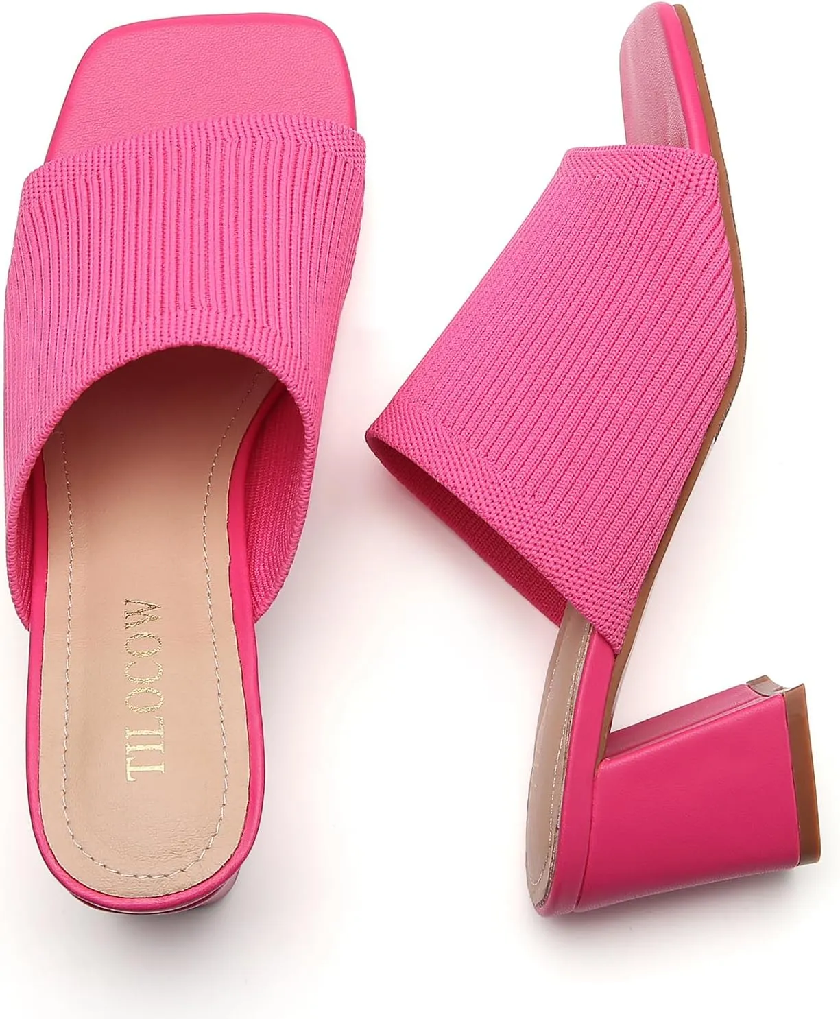 Tilocow Knit Heeled Sandals for Women Square Chunky Low Block Heel Mules Open Toe Slip On Breathable Slides Sandal Black