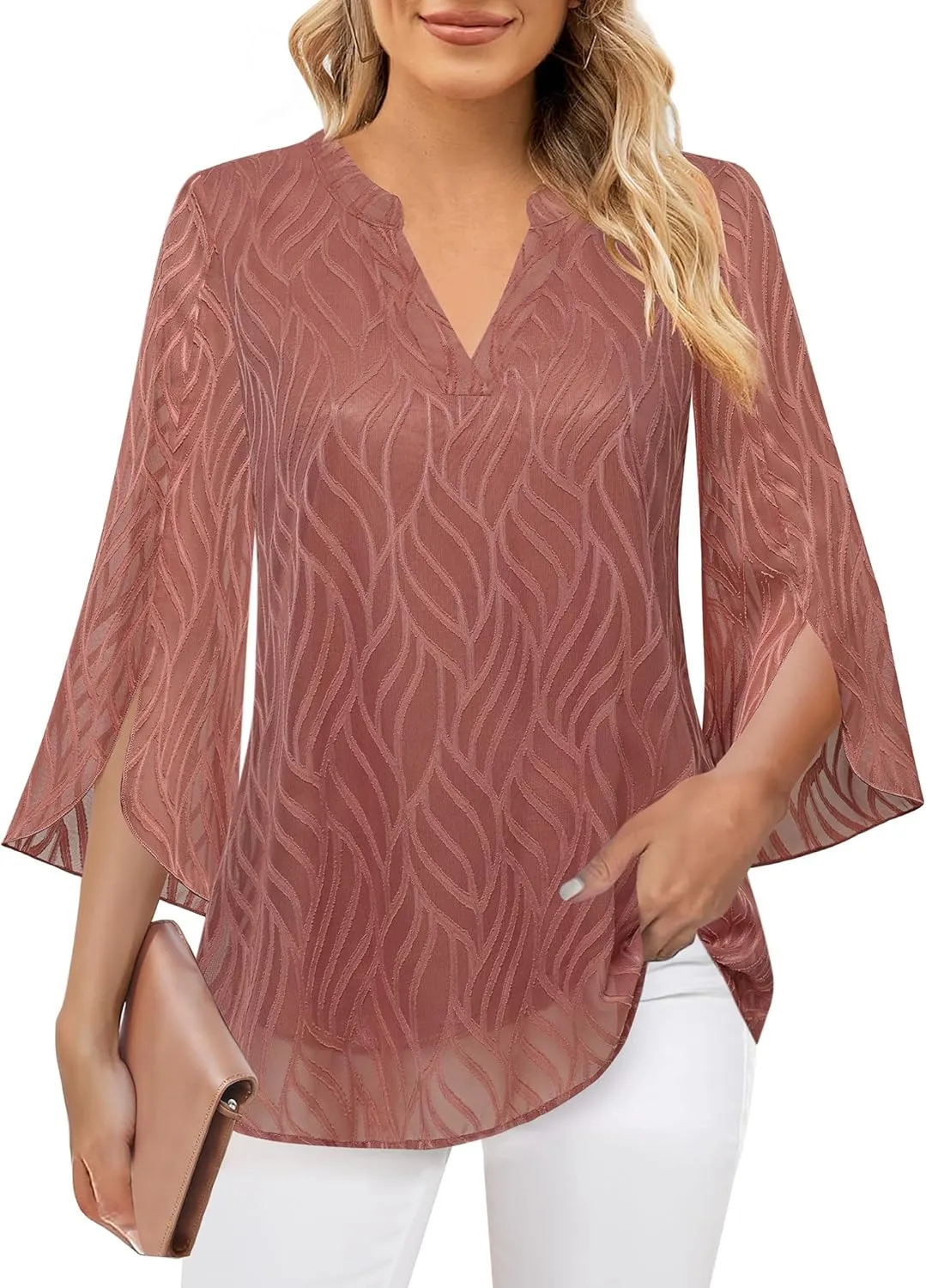 Timeson Women's 3/4 Sleeve Chiffon Blouse Shirt V Neck Dressy Tunic Tops