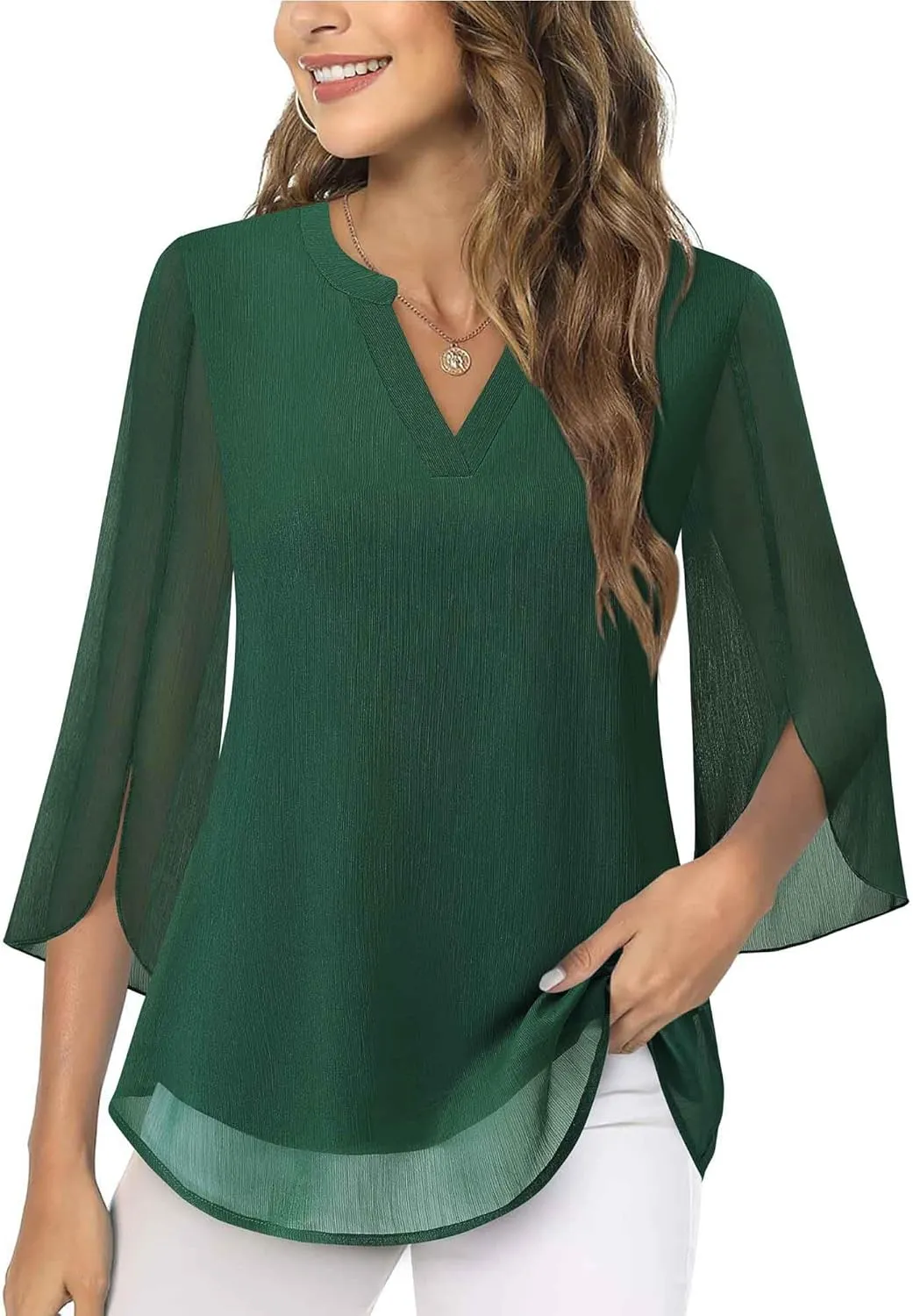 Timeson Women's 3/4 Sleeve Chiffon Blouse Shirt V Neck Dressy Tunic Tops