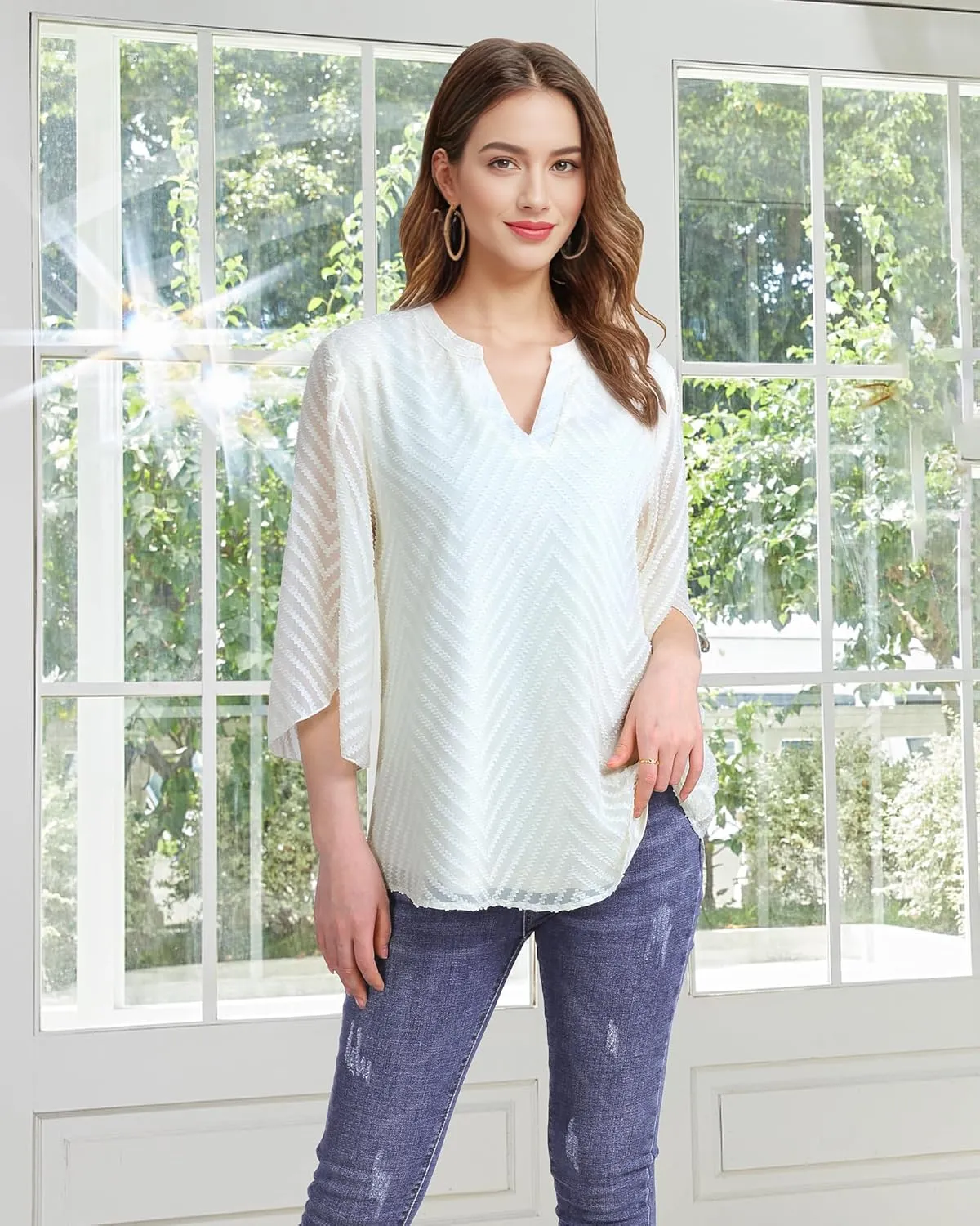 Timeson Women's 3/4 Sleeve Chiffon Blouse Shirt V Neck Dressy Tunic Tops