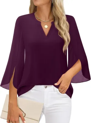 Timeson Women's 3/4 Sleeve Chiffon Blouse Shirt V Neck Dressy Tunic Tops