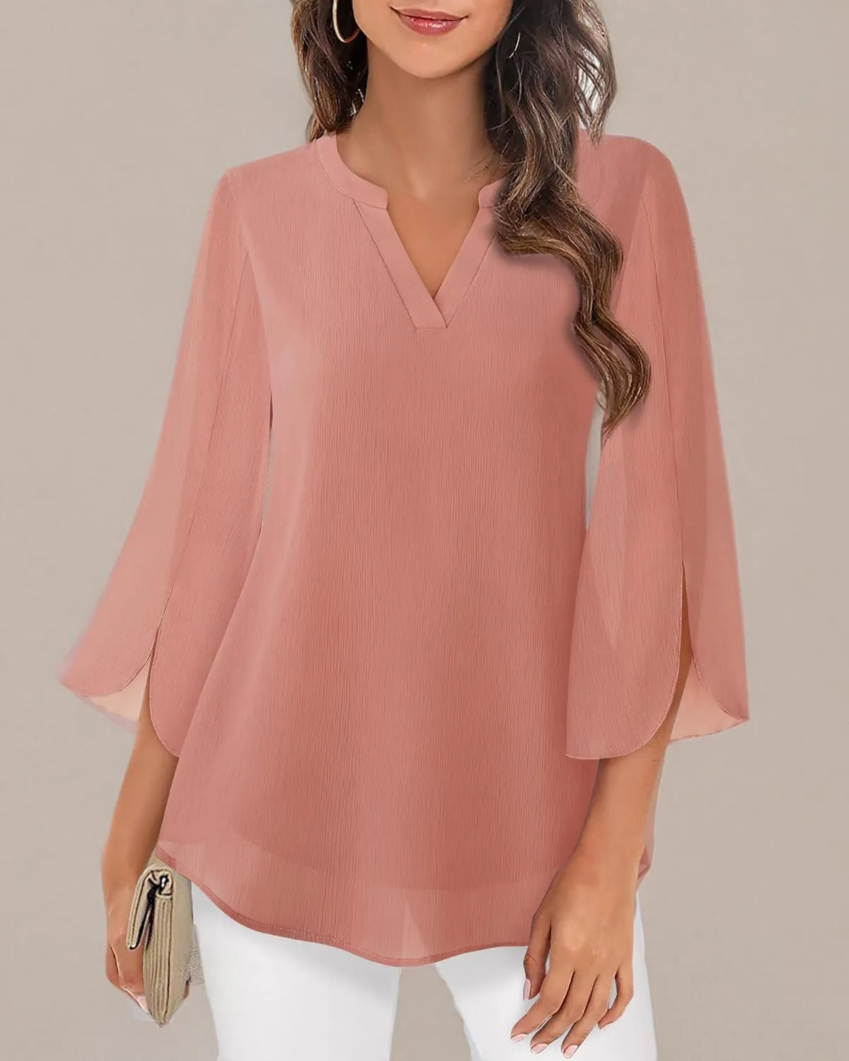 Timeson Women's 3/4 Sleeve Chiffon Blouse Shirt V Neck Dressy Tunic Tops