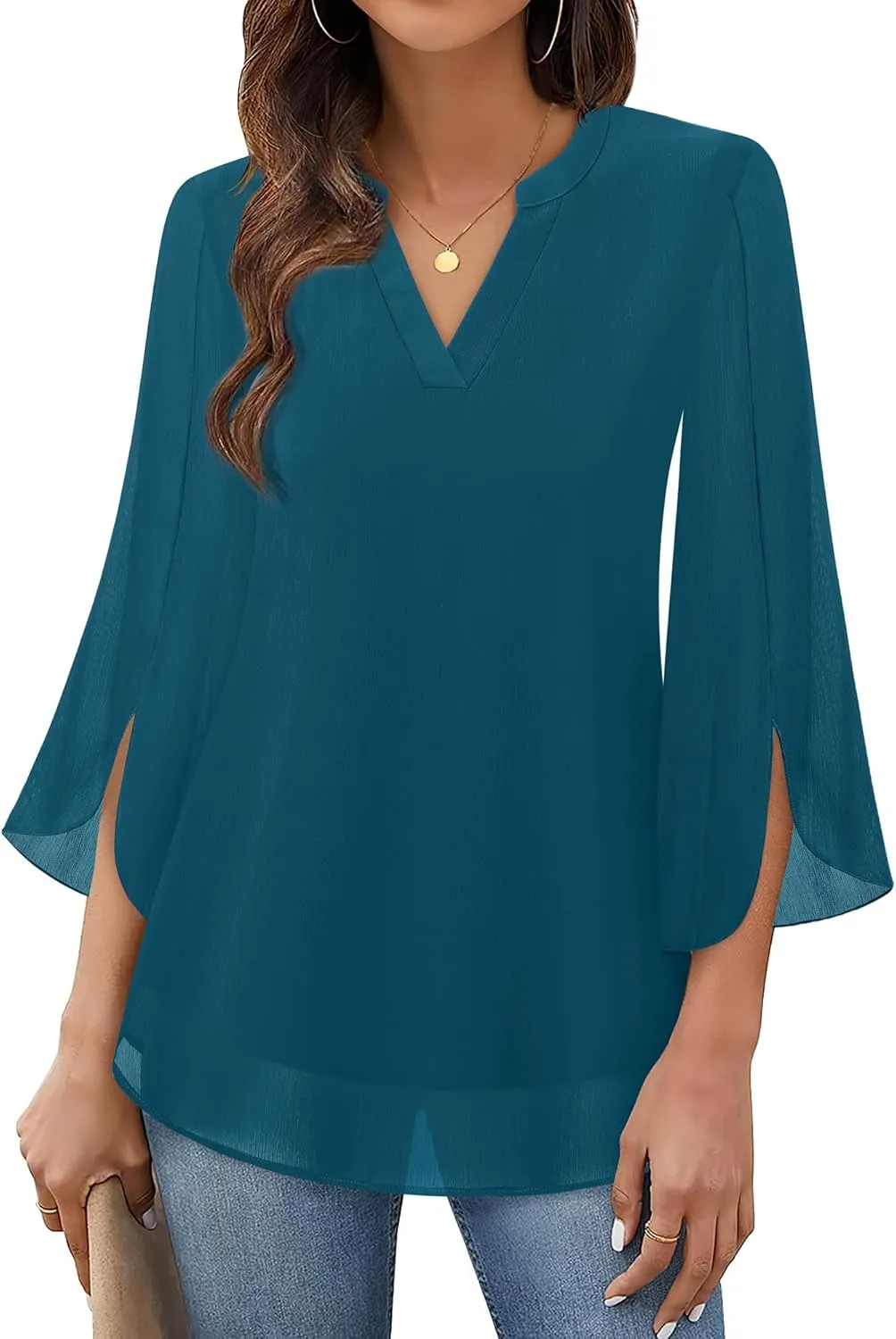 Timeson Women's 3/4 Sleeve Chiffon Blouse Shirt V Neck Dressy Tunic Tops