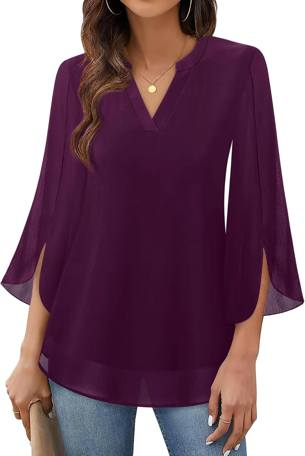 Timeson Women's 3/4 Sleeve Chiffon Blouse Shirt V Neck Dressy Tunic Tops