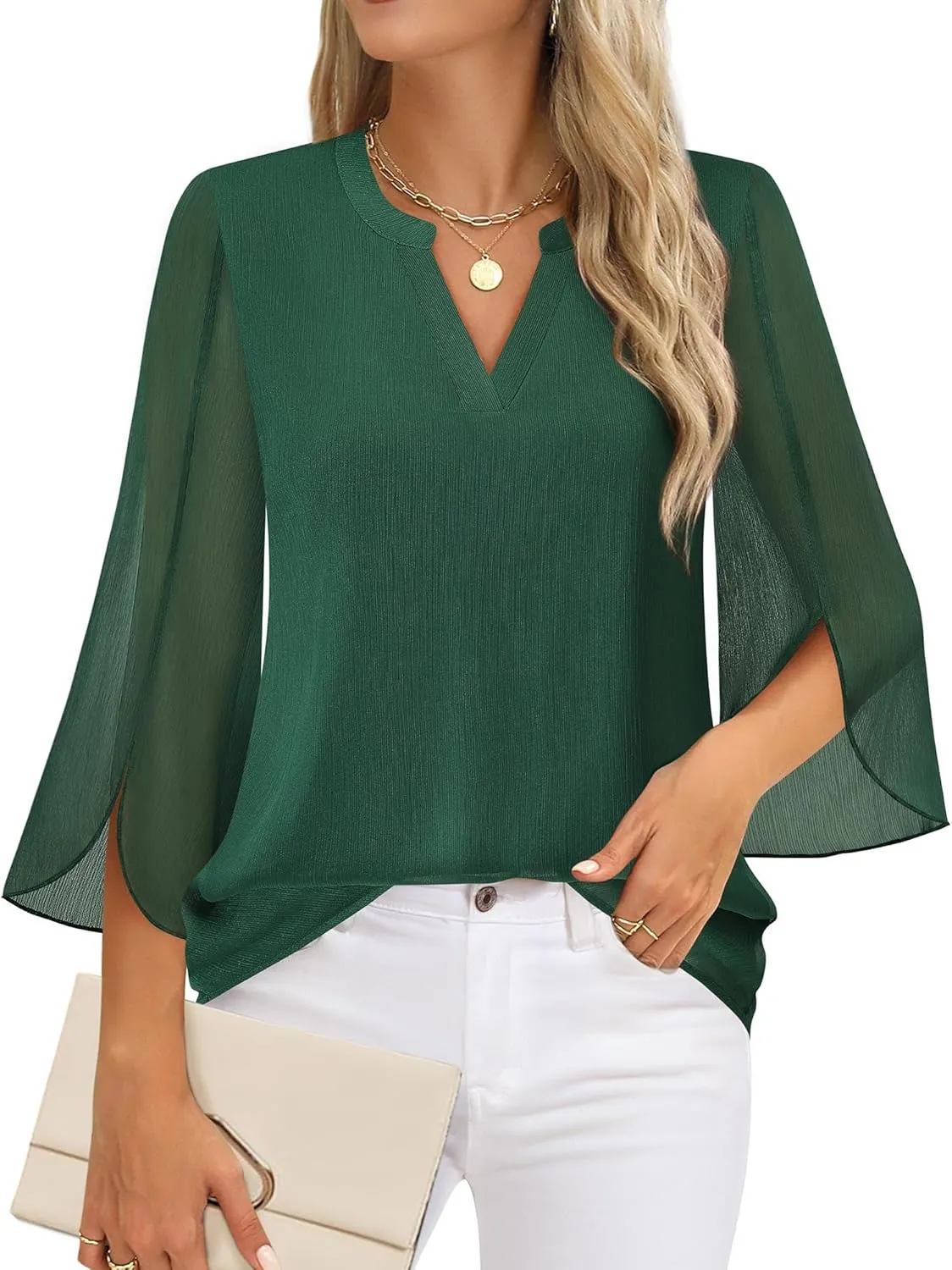 Timeson Women's 3/4 Sleeve Chiffon Blouse Shirt V Neck Dressy Tunic Tops