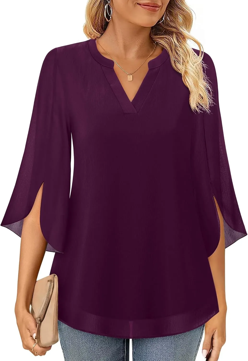 Timeson Women's 3/4 Sleeve Chiffon Blouse Shirt V Neck Dressy Tunic Tops