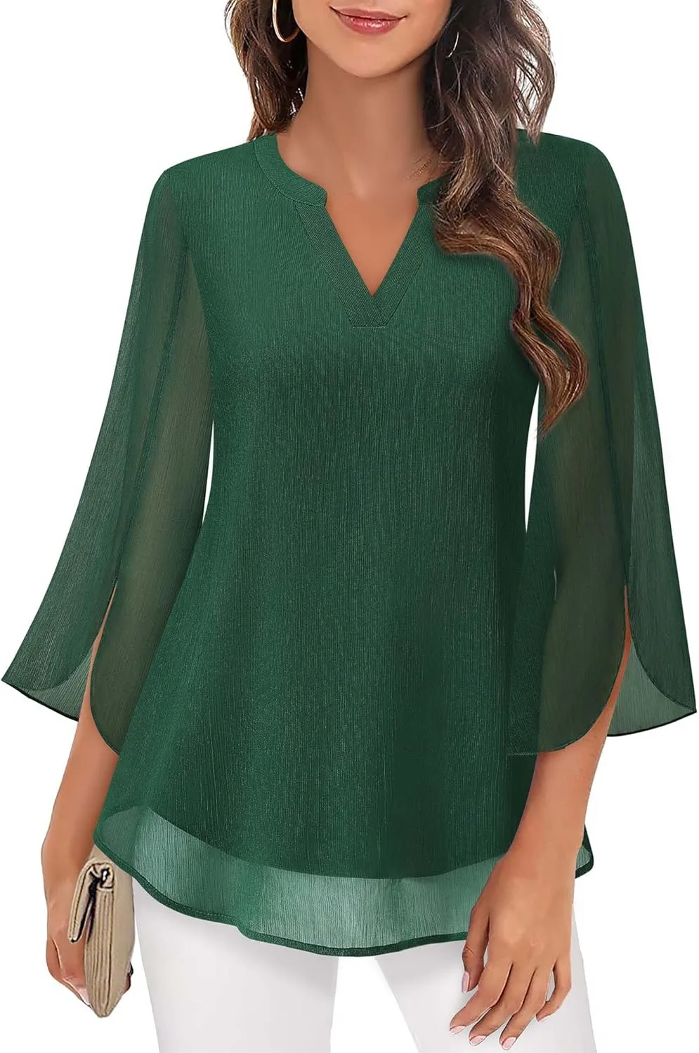 Timeson Women's 3/4 Sleeve Chiffon Blouse Shirt V Neck Dressy Tunic Tops