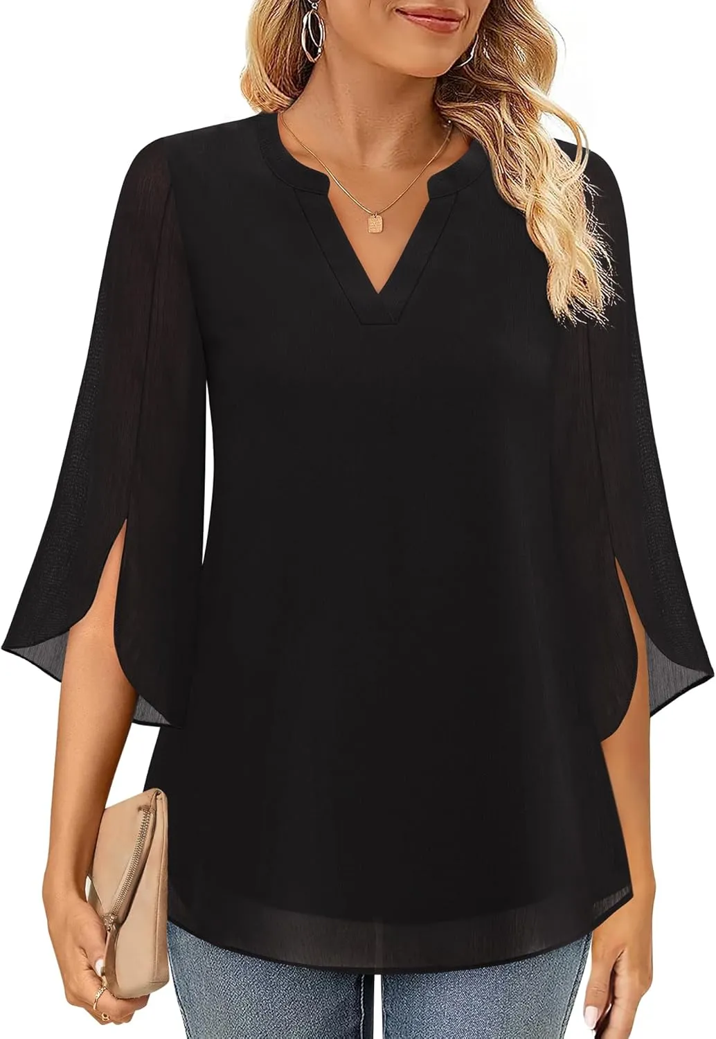 Timeson Women's 3/4 Sleeve Chiffon Blouse Shirt V Neck Dressy Tunic Tops