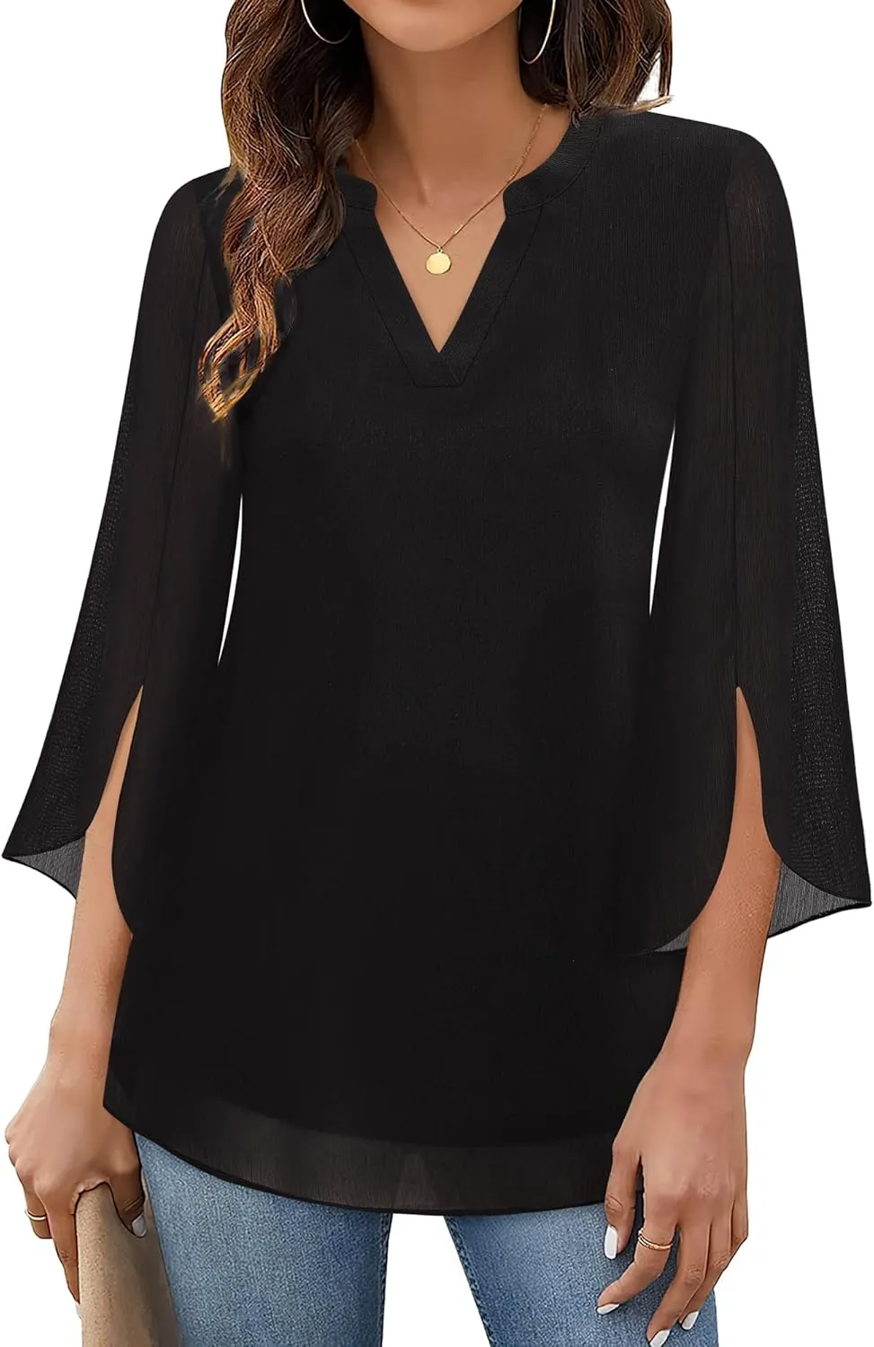Timeson Women's 3/4 Sleeve Chiffon Blouse Shirt V Neck Dressy Tunic Tops