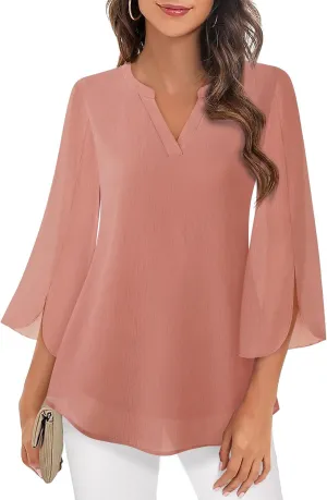 Timeson Women's 3/4 Sleeve Chiffon Blouse Shirt V Neck Dressy Tunic Tops