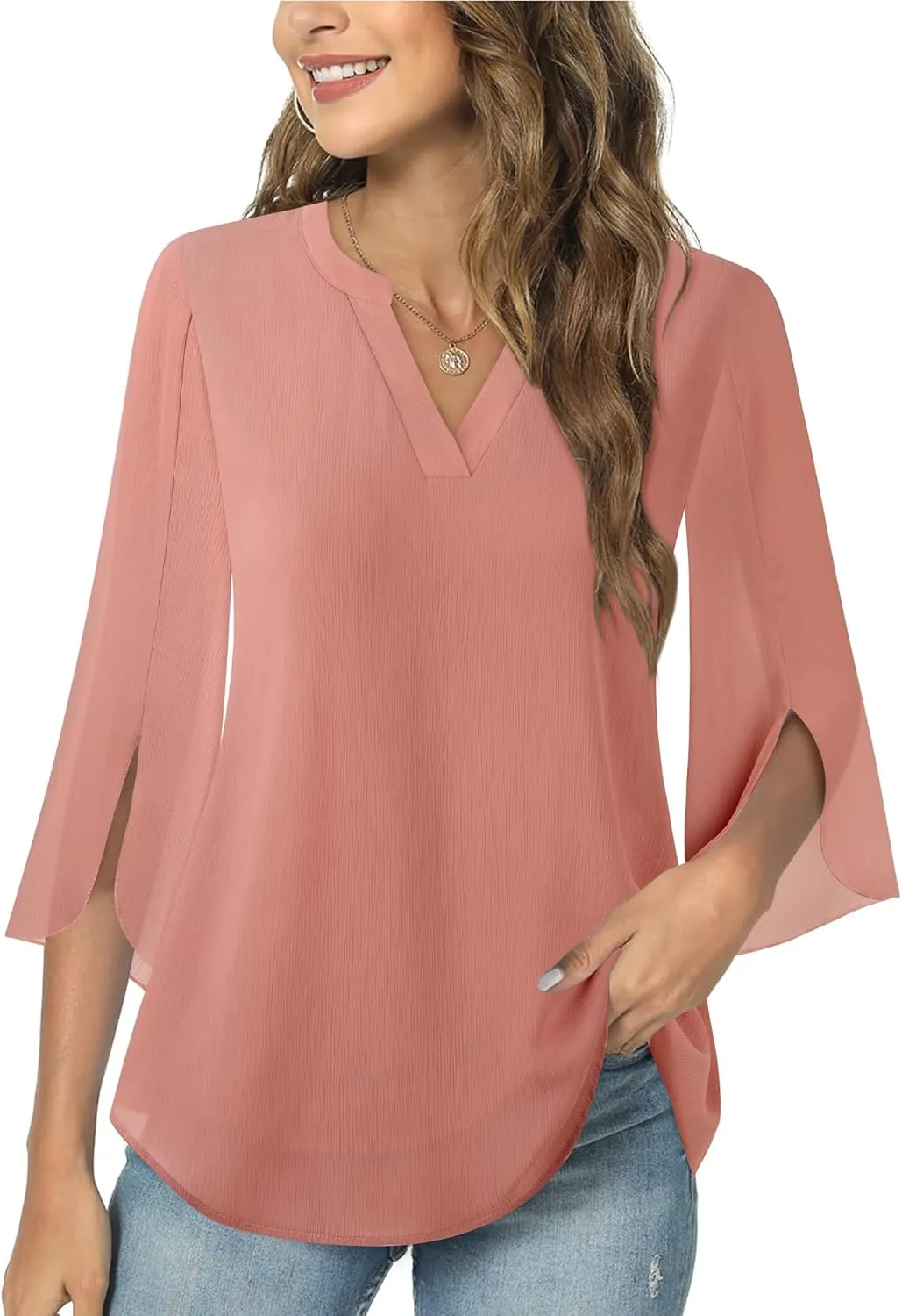 Timeson Women's 3/4 Sleeve Chiffon Blouse Shirt V Neck Dressy Tunic Tops