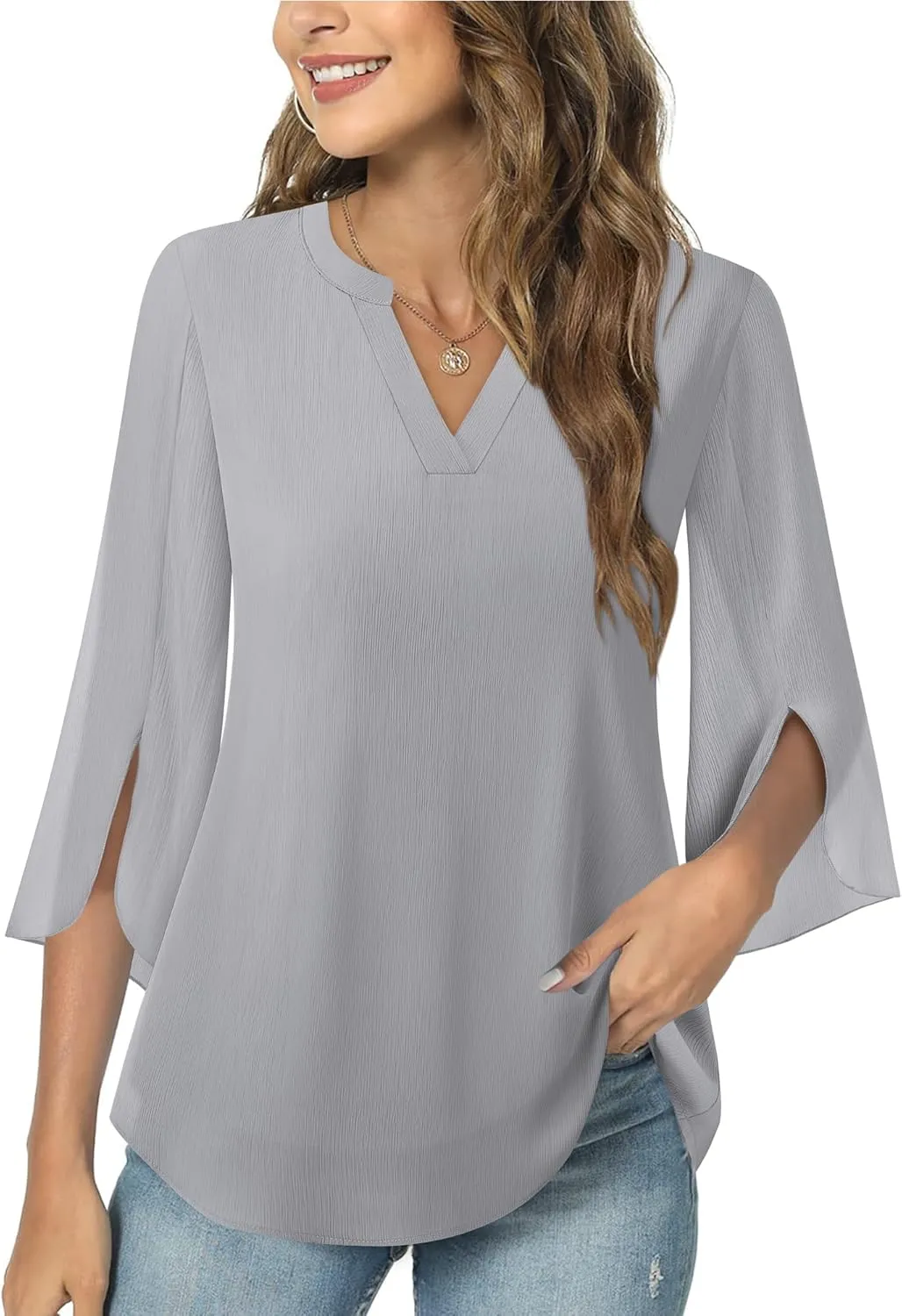 Timeson Women's 3/4 Sleeve Chiffon Blouse Shirt V Neck Dressy Tunic Tops