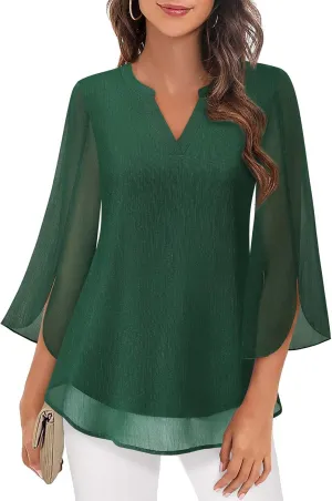 Timeson Women's 3/4 Sleeve Chiffon Blouse Shirt V Neck Dressy Tunic Tops