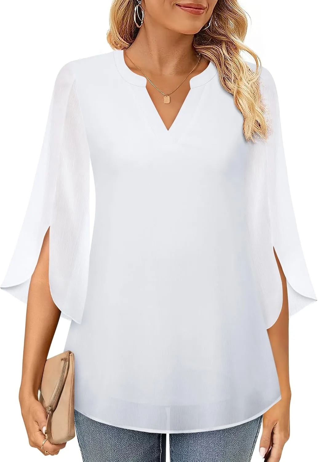 Timeson Women's 3/4 Sleeve Chiffon Blouse Shirt V Neck Dressy Tunic Tops
