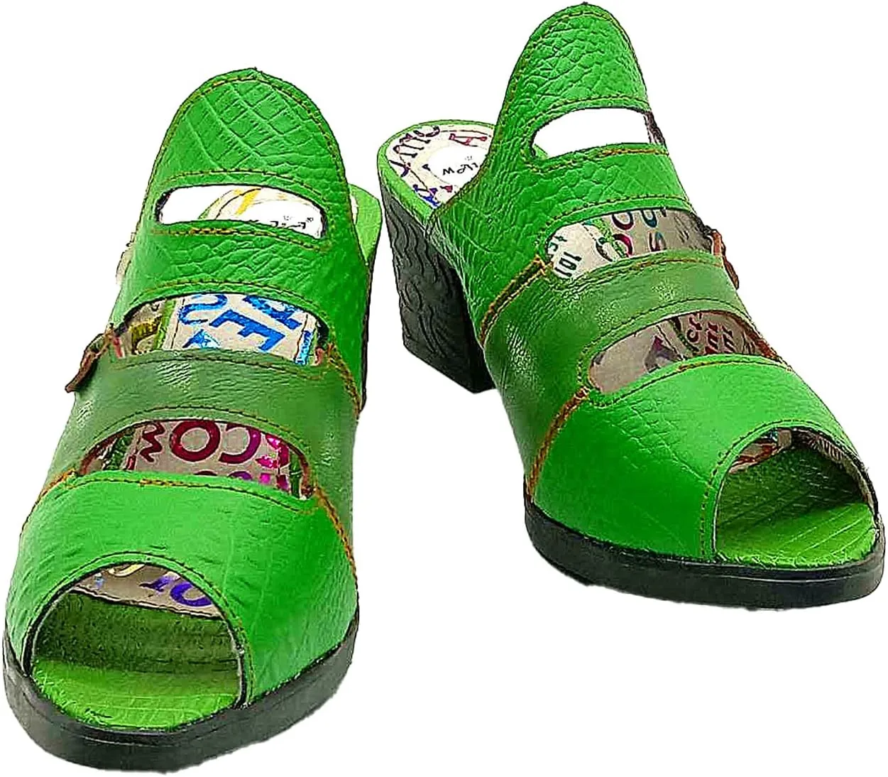 TMA EYES & MAiA Women Hollow-out Printed Leather Sandals Spliced Mid-Heeled Sandals