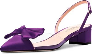 TNYNFBEB Women Chunky Block Mid Heel Pointed Toe Sandals Ankle Strap Slingback Buckle Bow-knot Party Cute 2.0 Inches Heels