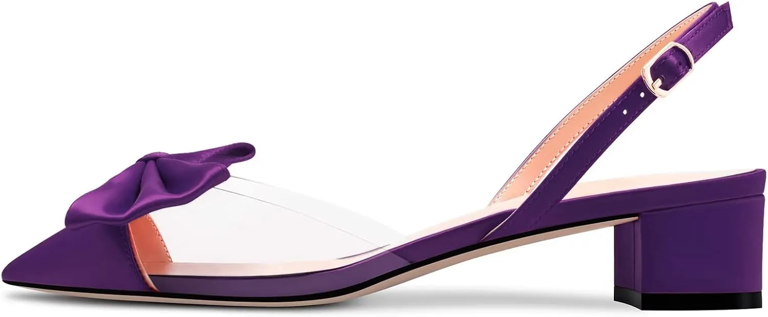 TNYNFBEB Women Chunky Block Mid Heel Pointed Toe Sandals Ankle Strap Slingback Buckle Bow-knot Party Cute 2.0 Inches Heels