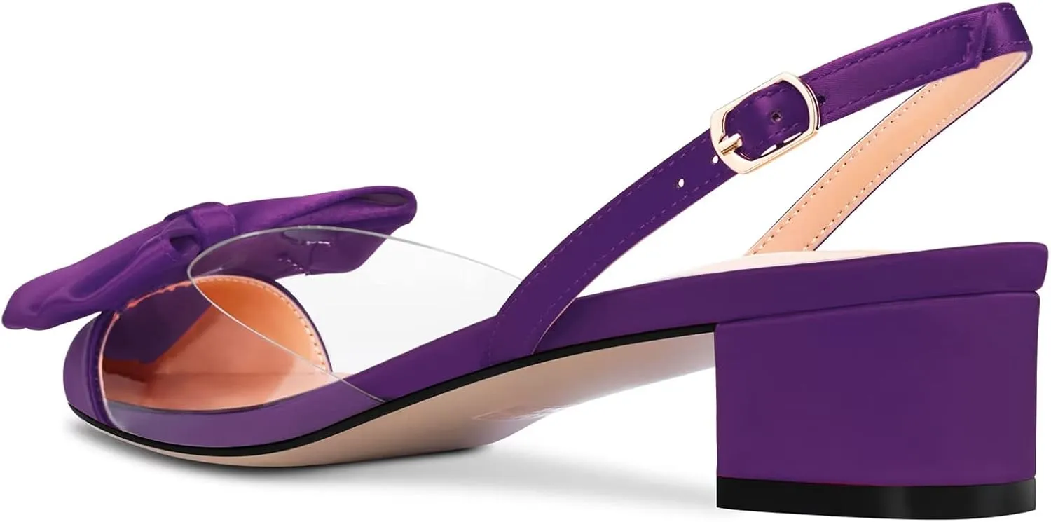 TNYNFBEB Women Chunky Block Mid Heel Pointed Toe Sandals Ankle Strap Slingback Buckle Bow-knot Party Cute 2.0 Inches Heels