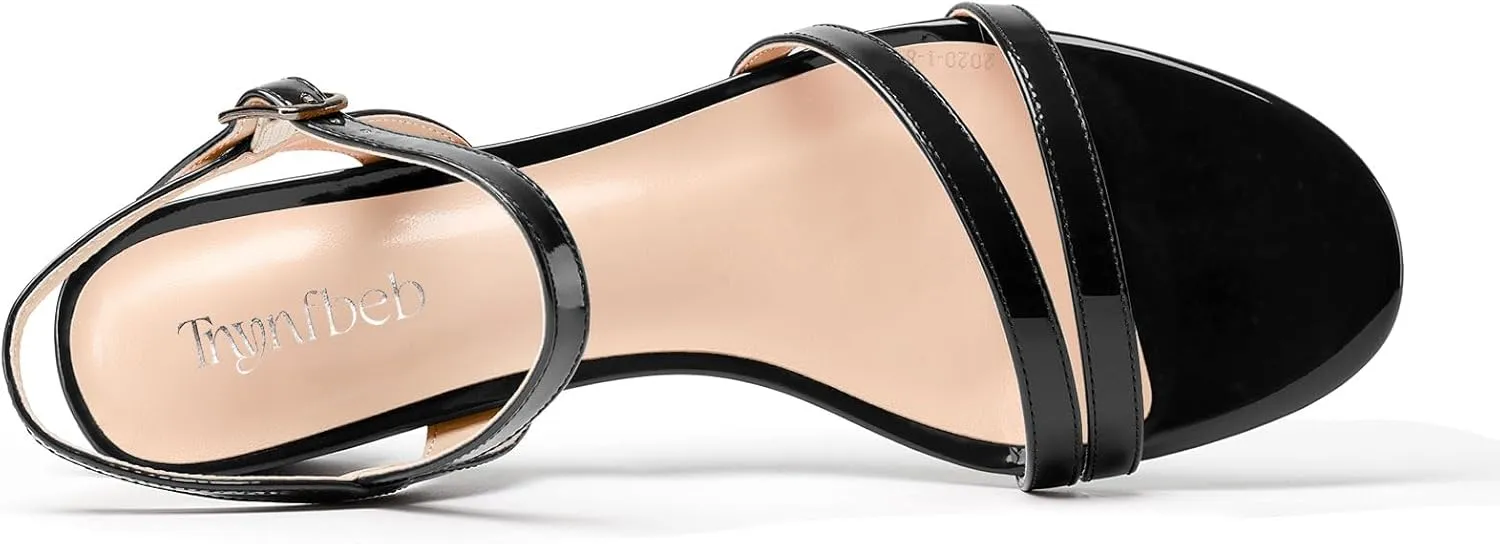 TNYNFBEB Womens Chunky Block Low Heel Open Toe Sandals strappy Ankle Strap Slingback Buckle Prom Dress Patent Leather 1.2 Inches Heels