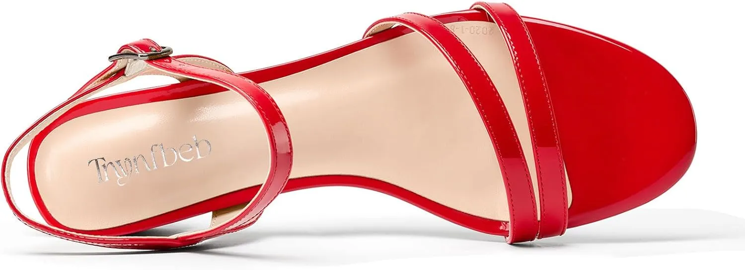 TNYNFBEB Womens Chunky Block Low Heel Open Toe Sandals strappy Ankle Strap Slingback Buckle Prom Dress Patent Leather 1.2 Inches Heels