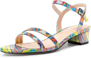 TNYNFBEB Womens Chunky Block Low Heel Open Toe Sandals strappy Ankle Strap Slingback Buckle Prom Dress Patent Leather 1.2 Inches Heels