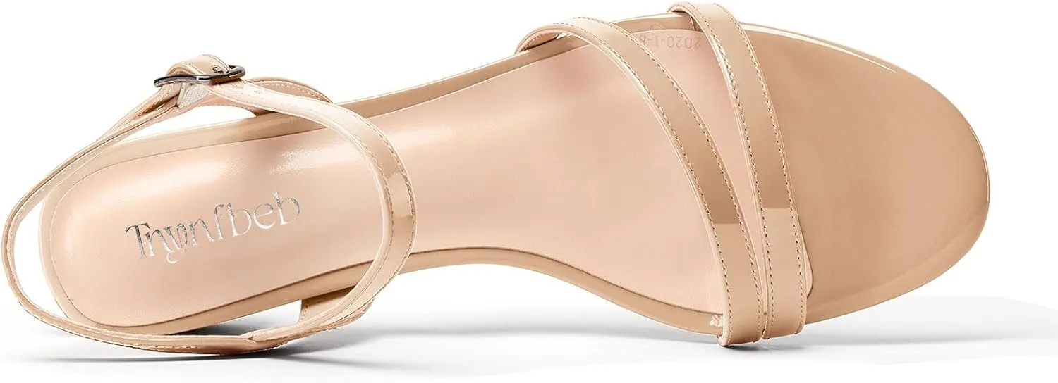 TNYNFBEB Womens Chunky Block Low Heel Open Toe Sandals strappy Ankle Strap Slingback Buckle Prom Dress Patent Leather 1.2 Inches Heels