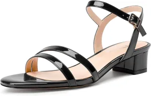 TNYNFBEB Womens Chunky Block Low Heel Open Toe Sandals strappy Ankle Strap Slingback Buckle Prom Dress Patent Leather 1.2 Inches Heels