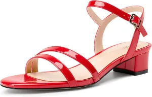 TNYNFBEB Womens Chunky Block Low Heel Open Toe Sandals strappy Ankle Strap Slingback Buckle Prom Dress Patent Leather 1.2 Inches Heels