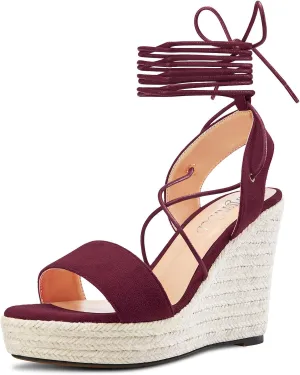 TNYNFBEB Womens High Wedge Heel Peep Open Toe Sandals Cross-Strap Lace-up Prom Basic Classic 3.9 Inches Heels