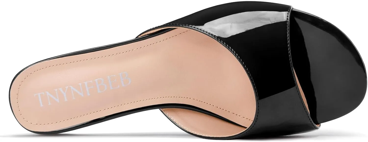TNYNFBEB Womens Low Kitten Heel Peep Open Toe Mules Shoes Sandals Slingback Wedding Prom Dress Patent Leather Summer 1.4 Inches Heels