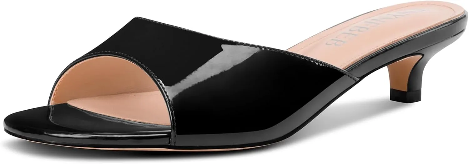 TNYNFBEB Womens Low Kitten Heel Peep Open Toe Mules Shoes Sandals Slingback Wedding Prom Dress Patent Leather Summer 1.4 Inches Heels