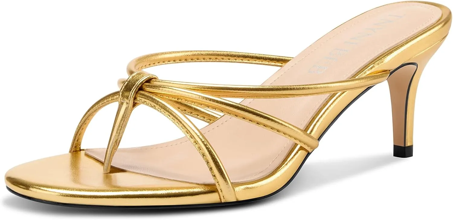 TNYNFBEB Women's Round Toe Flip Flop Strappy Mule Heels Slip-on Kitten Heel Thong Sandals Summer Dress Shoes 2.6 Inches