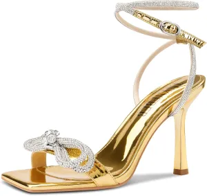 TNYNFBEB Womens Stiletto High Heel Open Square Toe Sandals Ankle Strap Two-Piece Buckle Rhinestone Crystal Bow-knot Prom Dress Summer 3.5 Inches Heels