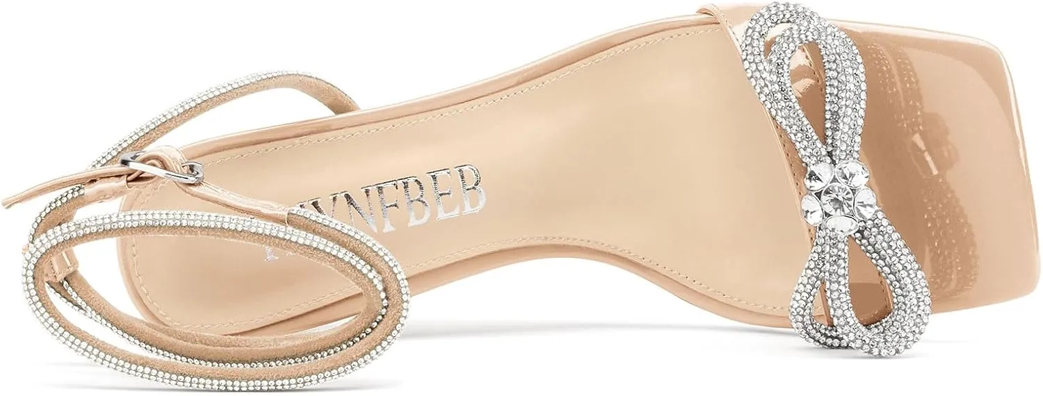 TNYNFBEB Womens Stiletto High Heel Open Square Toe Sandals Ankle Strap Two-Piece Buckle Rhinestone Crystal Bow-knot Prom Dress Summer 3.5 Inches Heels