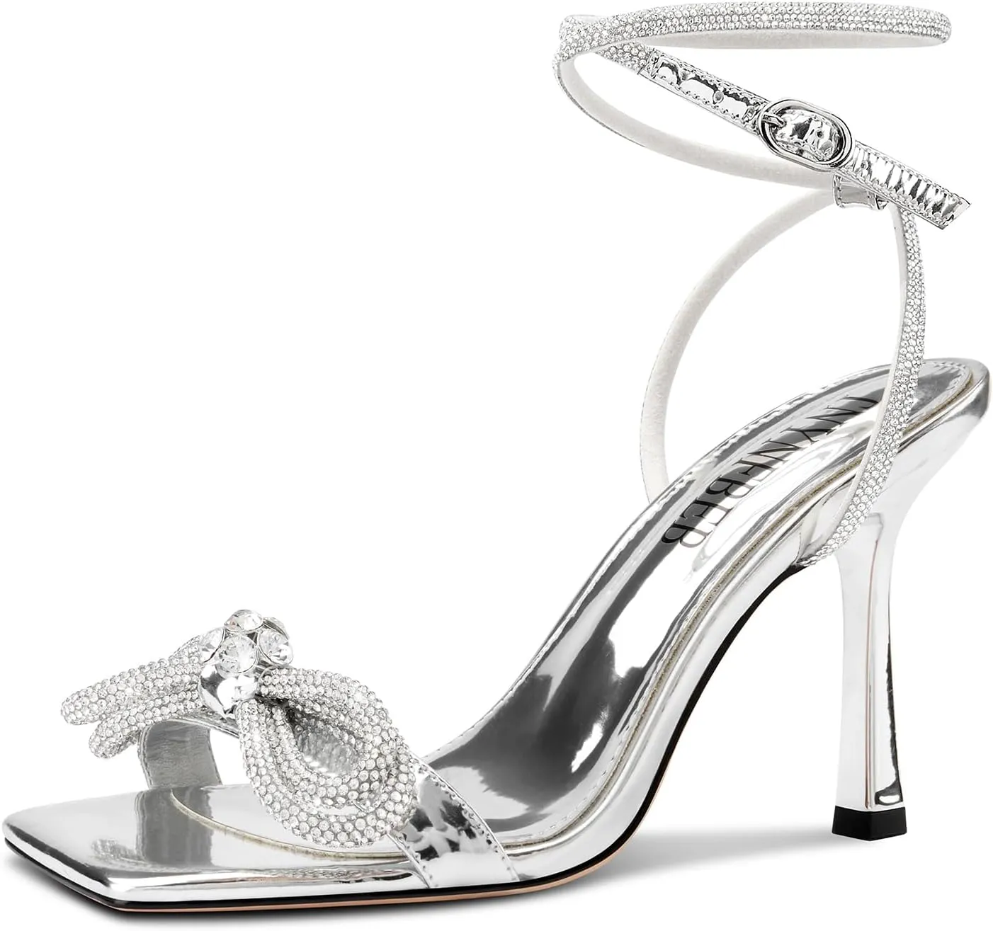 TNYNFBEB Womens Stiletto High Heel Open Square Toe Sandals Ankle Strap Two-Piece Buckle Rhinestone Crystal Bow-knot Prom Dress Summer 3.5 Inches Heels