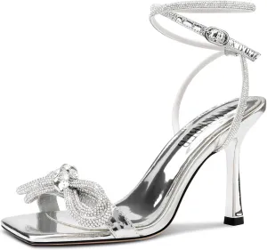 TNYNFBEB Womens Stiletto High Heel Open Square Toe Sandals Ankle Strap Two-Piece Buckle Rhinestone Crystal Bow-knot Prom Dress Summer 3.5 Inches Heels