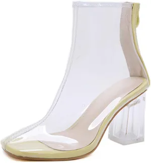 Transparent Heel Square Toe Booties for Women Lace Up Closed Toe Perspex Block Heel Ankle Boots
