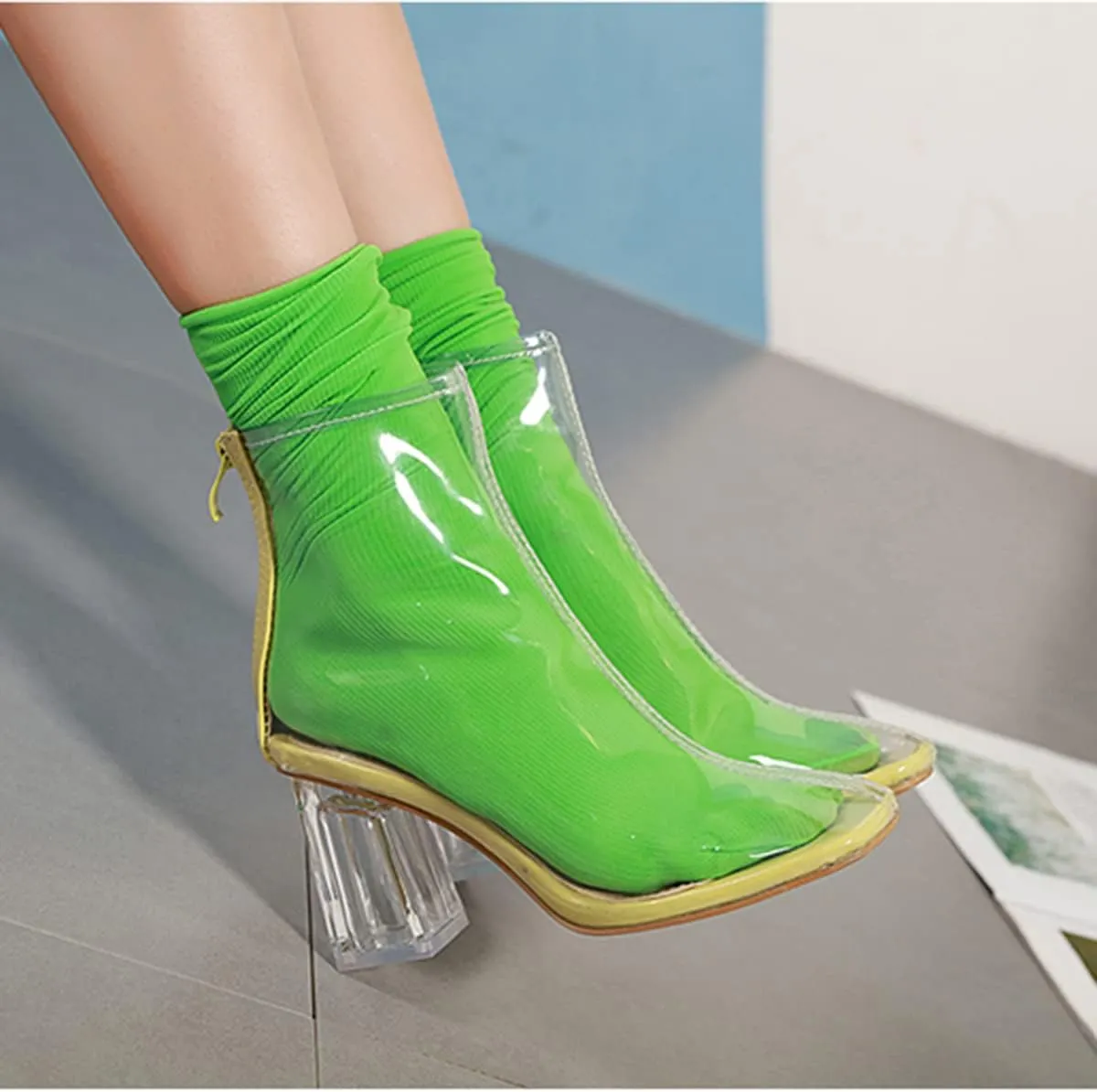 Transparent Heel Square Toe Booties for Women Lace Up Closed Toe Perspex Block Heel Ankle Boots