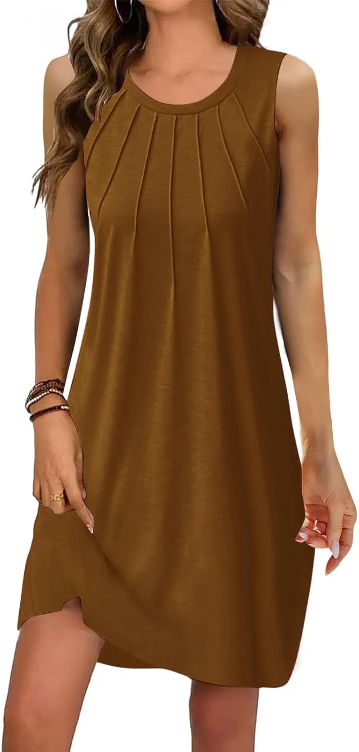 Trendy 2025 Spring Summer Dresses for Women Fashion Floral Printed Sleeveless Round Neck Pleat A-Line Beach Dress