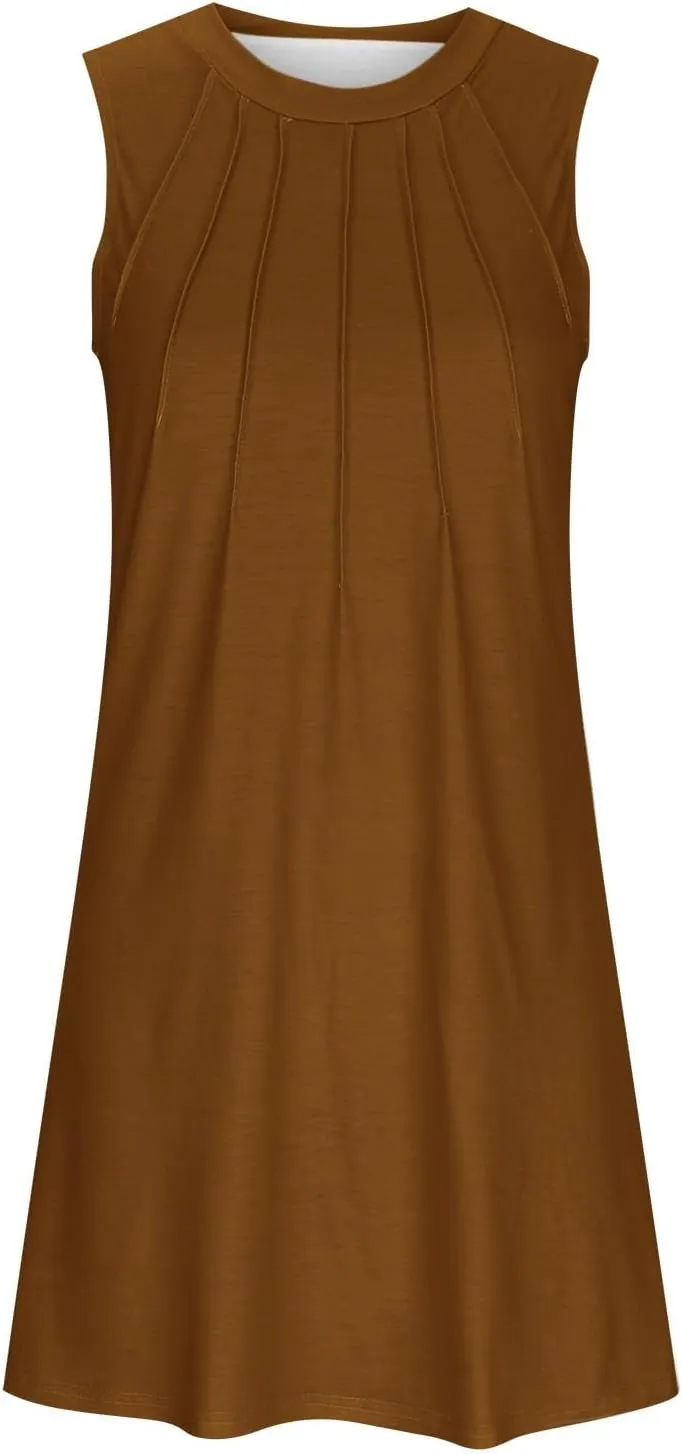 Trendy 2025 Spring Summer Dresses for Women Fashion Floral Printed Sleeveless Round Neck Pleat A-Line Beach Dress